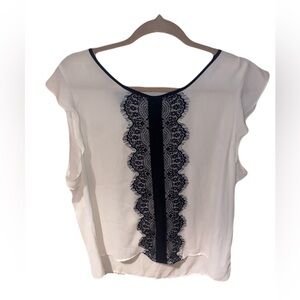 Covington Sheer White Top with Black Lace Detailing and Ruffle Sleeves